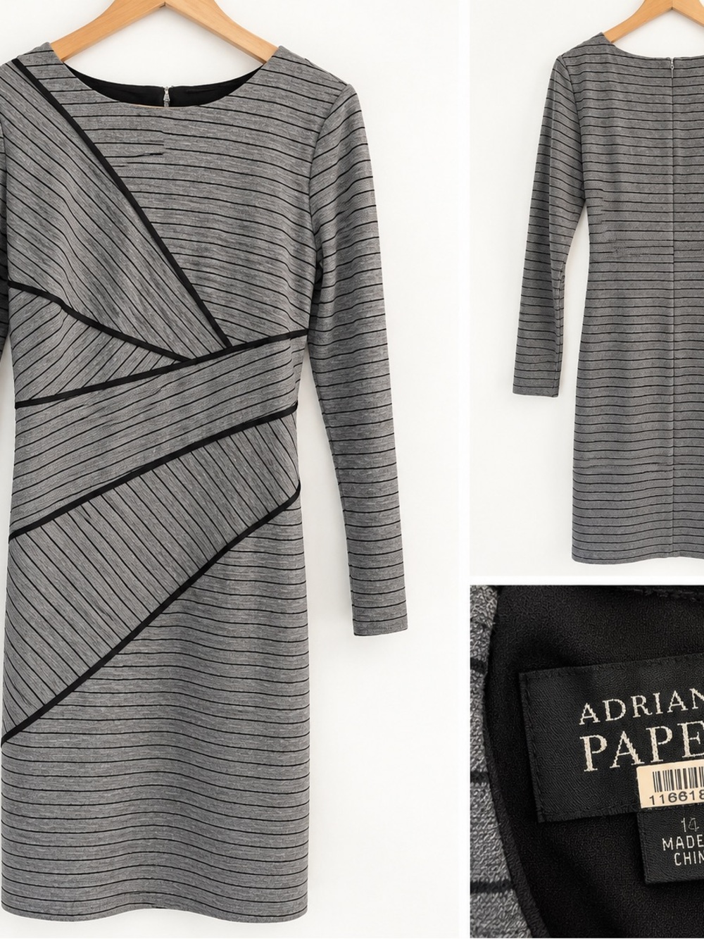 Adrianna Papell Size 14 Gray Black Striped Asymmetrical Sheath Dress